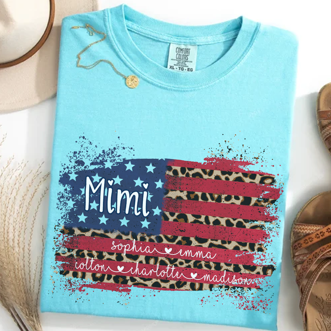 Personalized Mimi Shirt for Grandma - Leopard American Flag Tee - Custom Grandkids Names - Vintage Distressed USA Flag T-Shirt - Gift for Mimi, Nana, Gigi, Mom, Mother's Day, Birthday