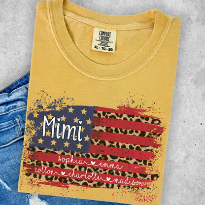 Personalized Mimi Shirt for Grandma - Leopard American Flag Tee - Custom Grandkids Names - Vintage Distressed USA Flag T-Shirt - Gift for Mimi, Nana, Gigi, Mom, Mother's Day, Birthday
