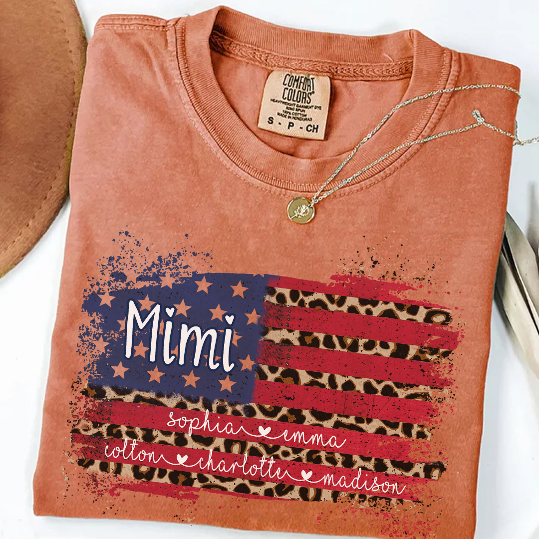 Personalized Mimi Shirt for Grandma - Leopard American Flag Tee - Custom Grandkids Names - Vintage Distressed USA Flag T-Shirt - Gift for Mimi, Nana, Gigi, Mom, Mother's Day, Birthday