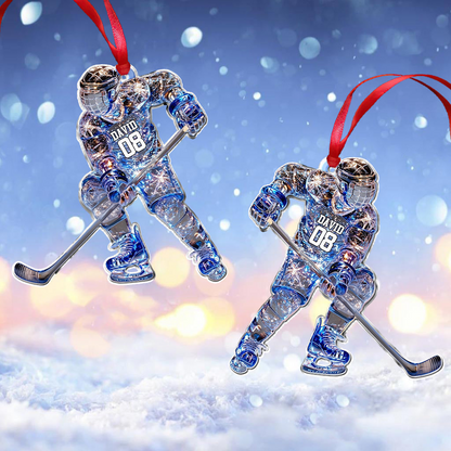 Sparkling Ice Hockey Player Acrylic Ornament – Personalized Hockey Decoration, Unique Custom Christmas Gift for Hockey Lovers Ornament