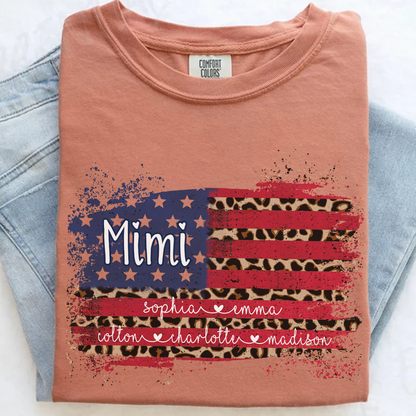 Personalized Mimi Shirt for Grandma - Leopard American Flag Tee - Custom Grandkids Names - Vintage Distressed USA Flag T-Shirt - Gift for Mimi, Nana, Gigi, Mom, Mother's Day, Birthday