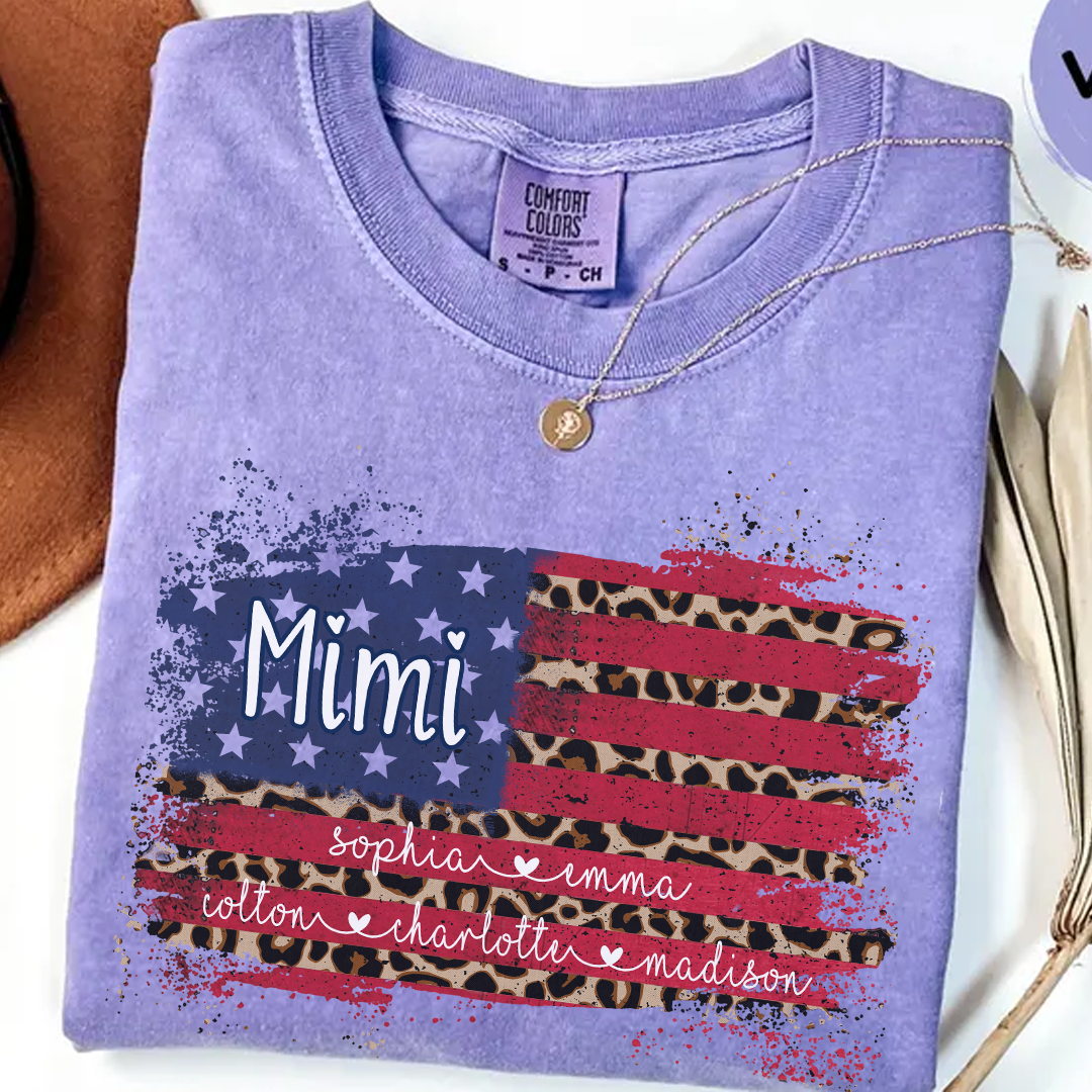 Personalized Mimi Shirt for Grandma - Leopard American Flag Tee - Custom Grandkids Names - Vintage Distressed USA Flag T-Shirt - Gift for Mimi, Nana, Gigi, Mom, Mother's Day, Birthday