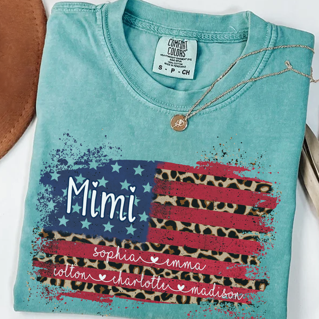 Personalized Mimi Shirt for Grandma - Leopard American Flag Tee - Custom Grandkids Names - Vintage Distressed USA Flag T-Shirt - Gift for Mimi, Nana, Gigi, Mom, Mother's Day, Birthday