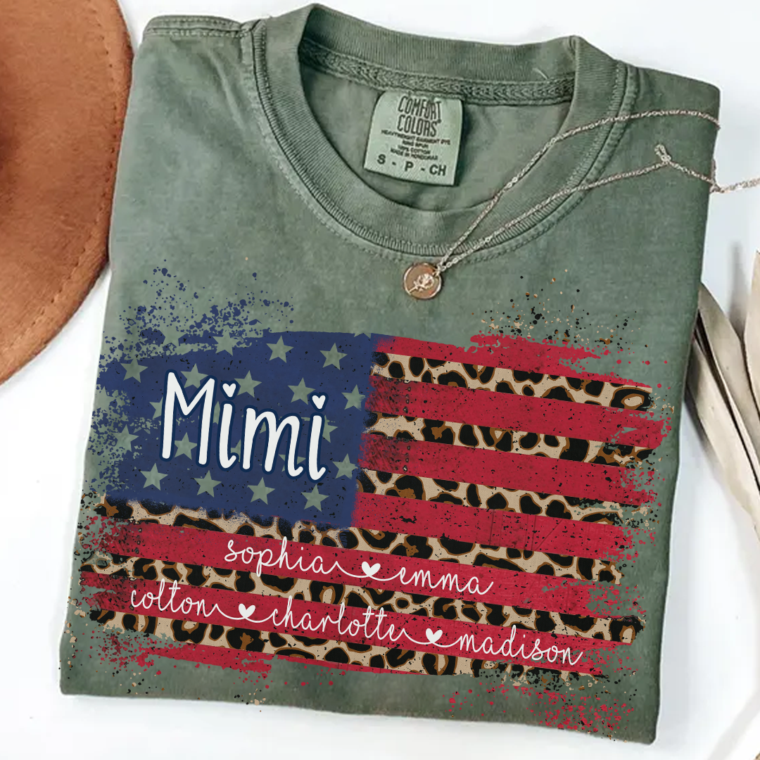 Personalized Mimi Shirt for Grandma - Leopard American Flag Tee - Custom Grandkids Names - Vintage Distressed USA Flag T-Shirt - Gift for Mimi, Nana, Gigi, Mom, Mother's Day, Birthday