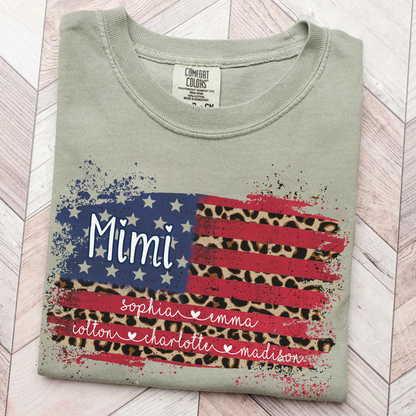 Personalized Mimi Shirt for Grandma - Leopard American Flag Tee - Custom Grandkids Names - Vintage Distressed USA Flag T-Shirt - Gift for Mimi, Nana, Gigi, Mom, Mother's Day, Birthday