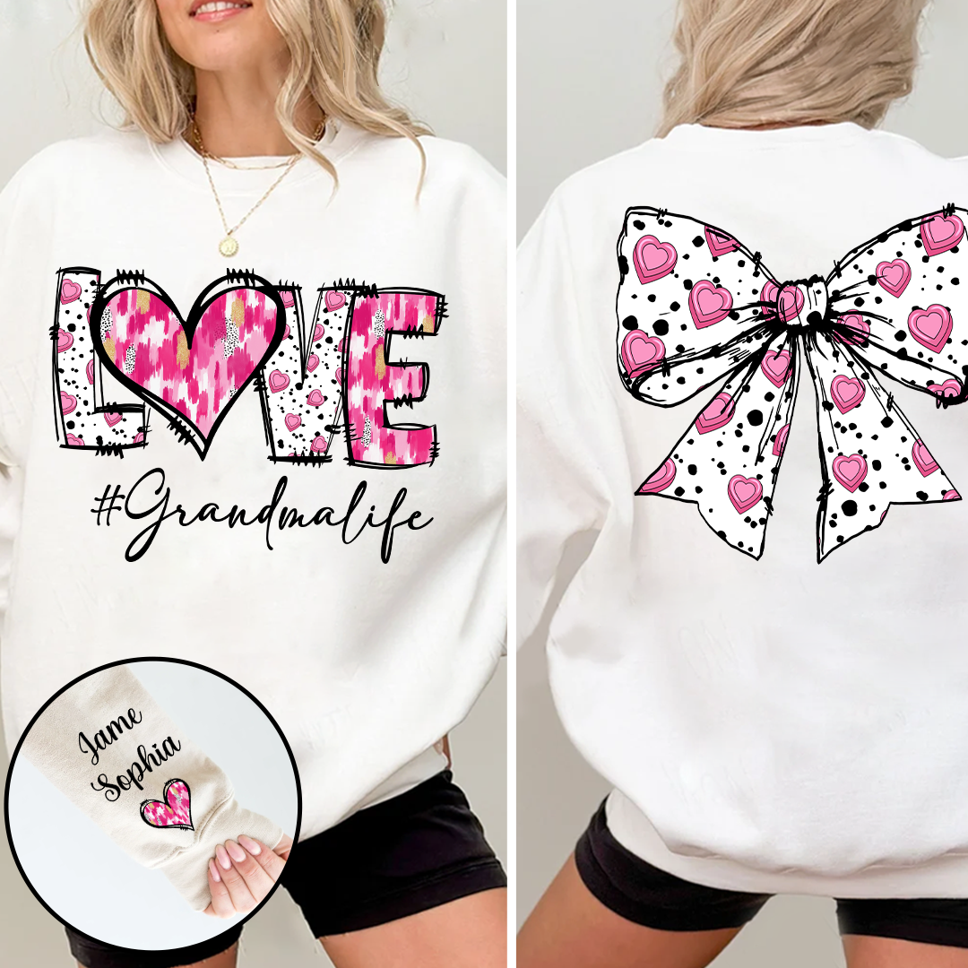 Custom LOVE Grandma Sweatshirt with Pink Heart Bow Design - Personalized with Grandkids' Names - Thoughtful Gift for Grandmothers
