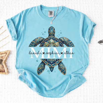 Comfort Colors Mimi Sea Turtle Shirt, Personalized Grandma Shirt with Grandchildren Names, Coastal Summer Gift for Mimi Nana