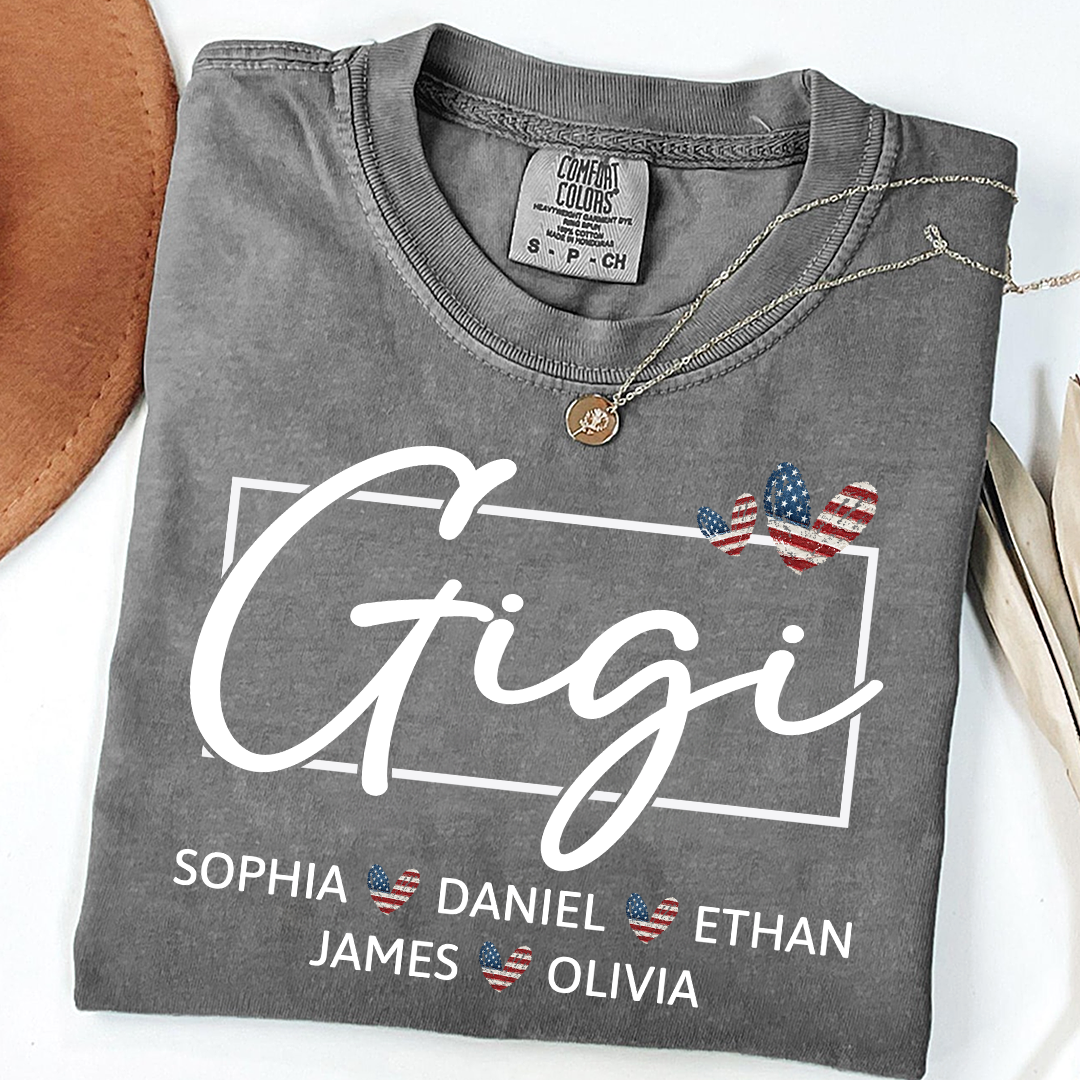 Comfort Colors Personalized Gigi Shirt with Children Names USA Flag Heart Graphic Custom Grandma Tee Stylish Script Design Family Gift Shirt