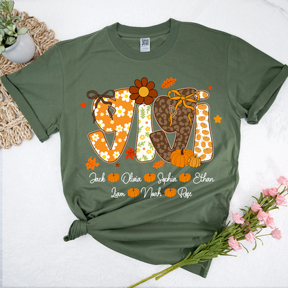 Personalized Pumkin Grandma TShirt, Custom Gigi Nickname with Kids’ Names