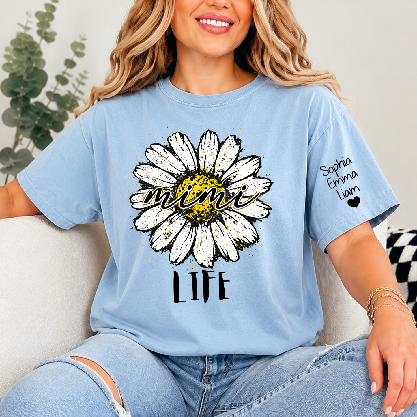 Personalized Mimi Life Daisy Shirt, Custom Grandma T-Shirt with Kids Names on Sleeve, Floral Family Name Tee Gift for Grandma, Nana Shirt