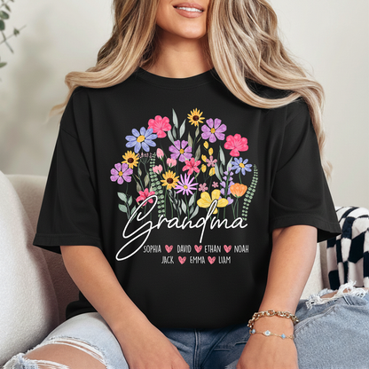 Personalized Grandma Floral Shirt, Custom Family Names T-Shirt with Wildflower Design