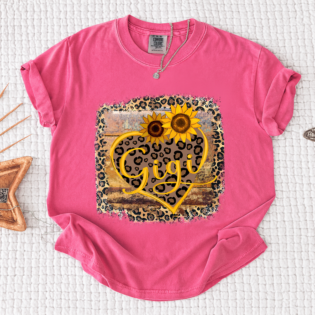 Comfort Colors Leopard Print Gigi Shirt, Personalized Sunflower Heart T-Shirt, Cute Grandmother Gift, Gigi Floral Leopard Tee, Gift for Mother's Day