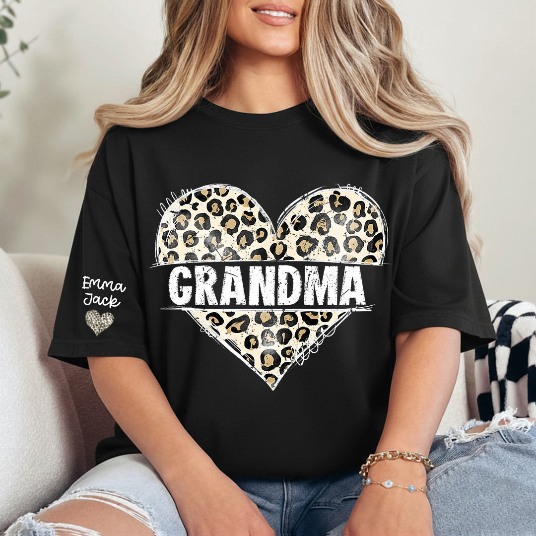Leopard Heart Grandma Shirt, Personalized Grandkids Names Family T Shirt
