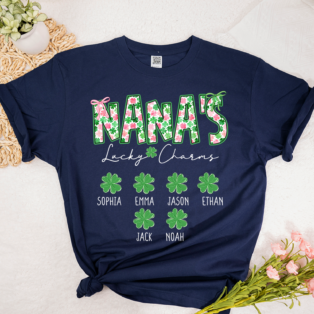 Nana’s Lucky Charms Shirt, Personalized St Patrick’s Day Shamrock Family T-Shirt