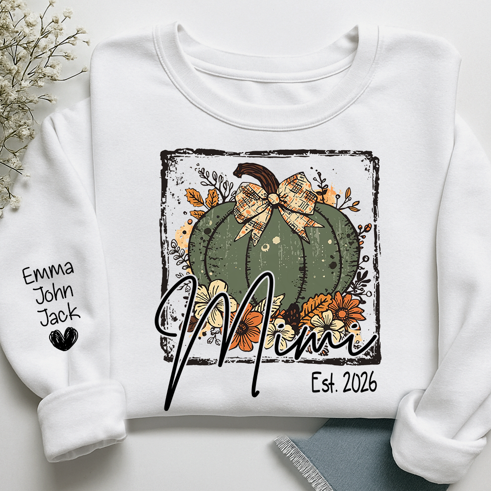 Mimi Pumpkin Shirt for Women, Floral Fall Bow Design Tee, Personalized Grandma T Shirt, Cozy Autumn Gift Idea