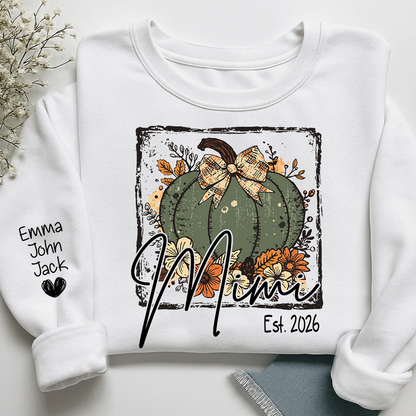 Mimi Pumpkin Shirt for Women, Floral Fall Bow Design Tee, Personalized Grandma T Shirt, Cozy Autumn Gift Idea