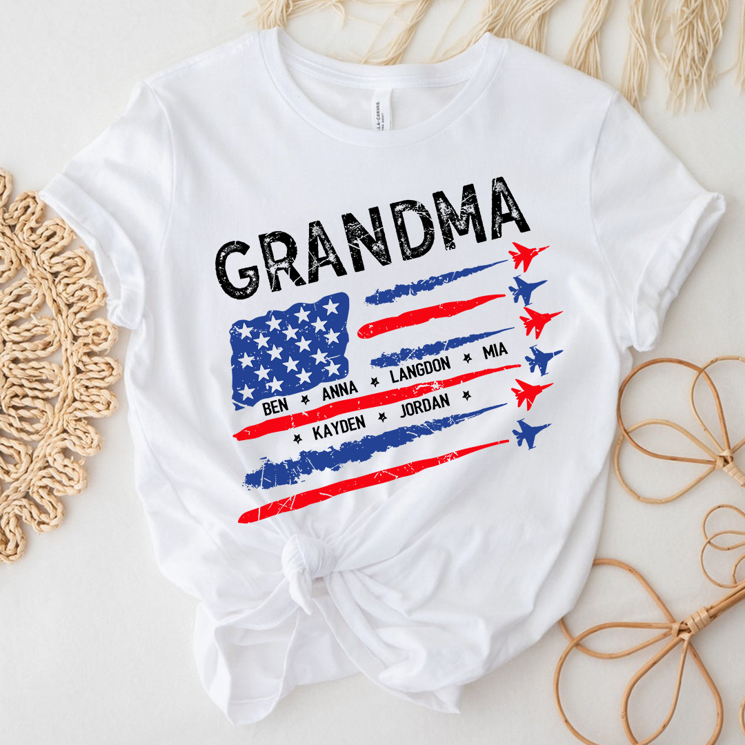 Patriotic Grandma Shirt with American Flag and Fighter Jet Design for 4th of July