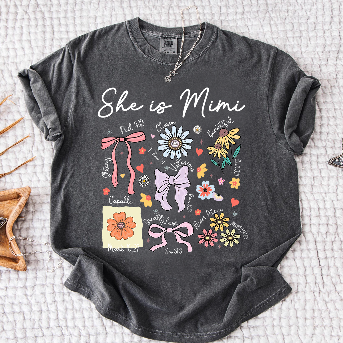 Comfort Colors Personalized Mimi Shirt She Is Mimi Quote with Floral Timeline Family Tee