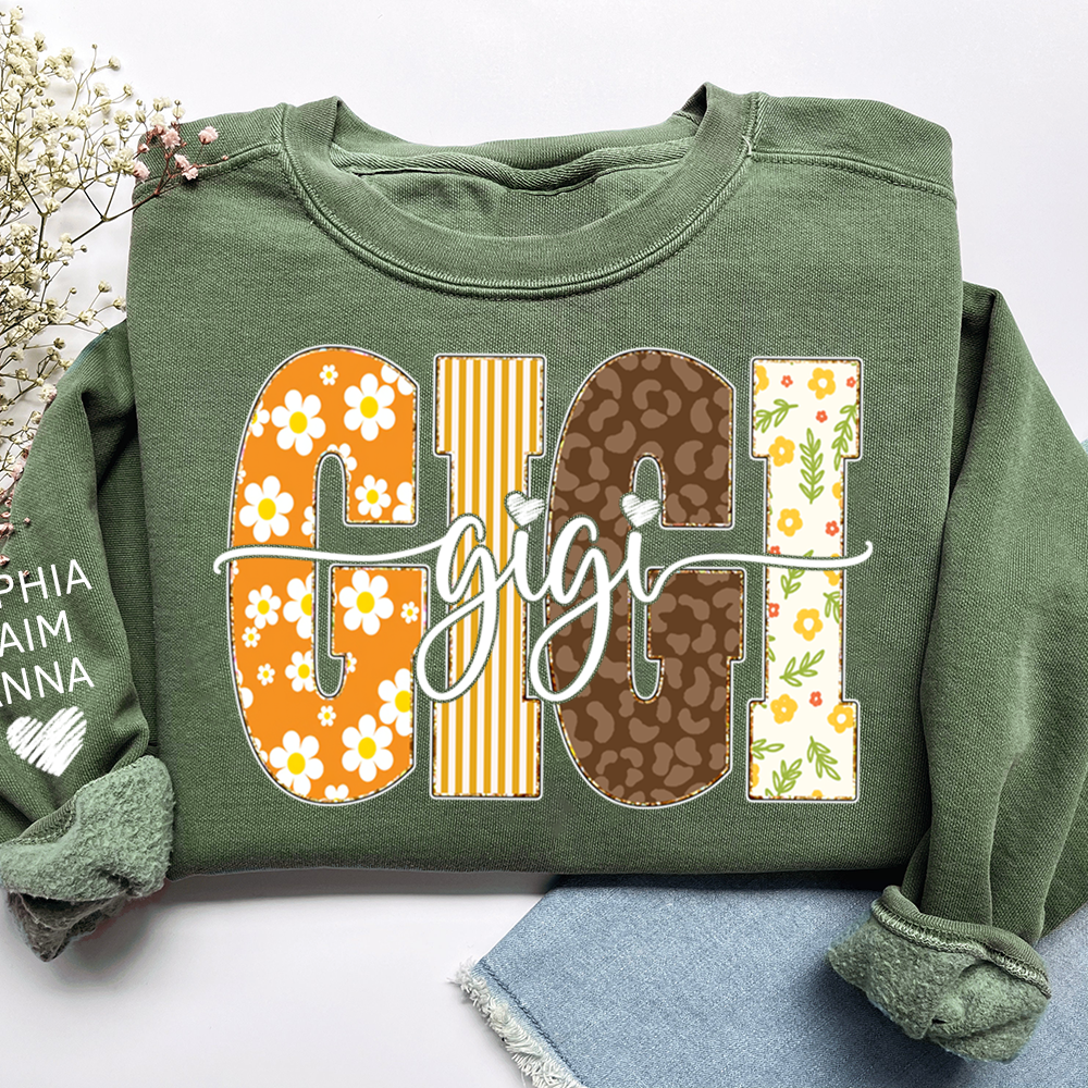 Gigi Fall Grandma Sweatshirt – Custom Name Sleeve and Retro Plaid Floral Letter Design