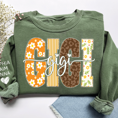 Gigi Fall Grandma Sweatshirt – Custom Name Sleeve and Retro Plaid Floral Letter Design