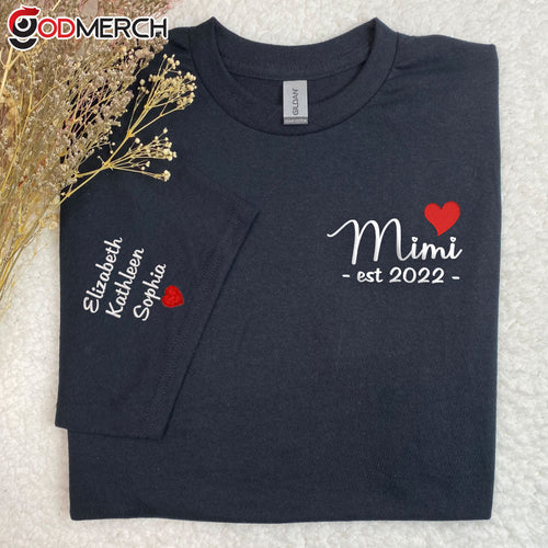 Embroidered Mimi Est, Grandma with Grandkids Embroidered T-shirt