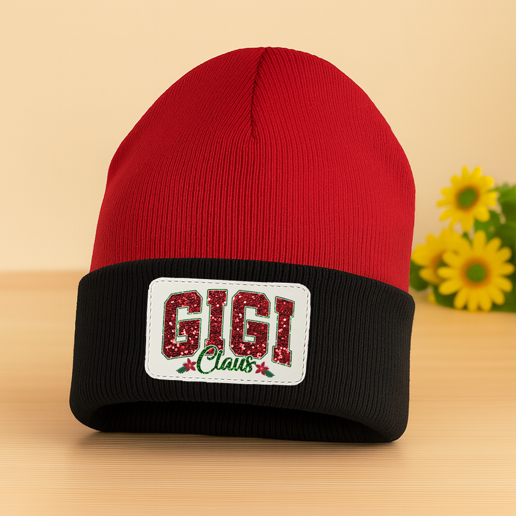 Personalized Gigi Claus Christmas Beanie, Custom Name Patch Knit Hat for Grandma, Holiday Gift for Gigi, Embroidered Winter Hat