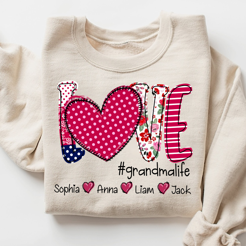Love Grandma Shirt, Heart Patchwork Sweatshirt with Kids’ Names