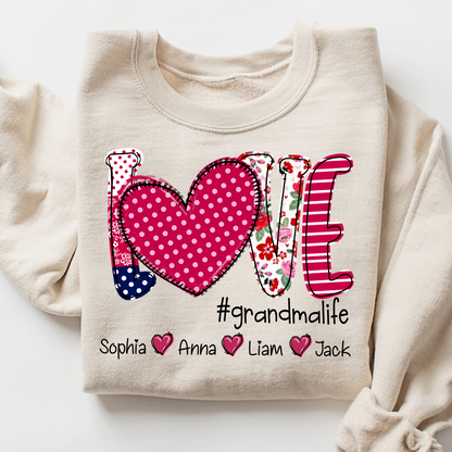 Love Grandma Shirt, Heart Patchwork Sweatshirt with Kids’ Names