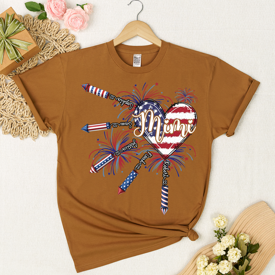 Patriotic Mimi Shirt with Firework Heart and American Flag Design for 4th of July