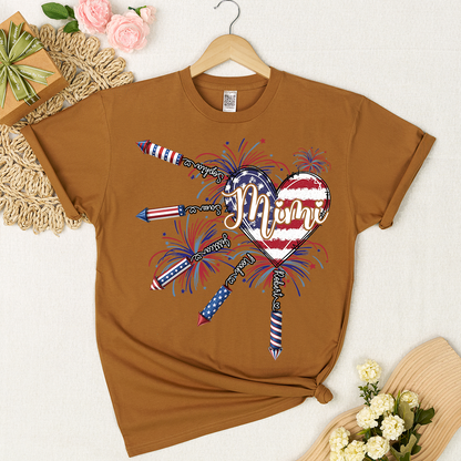 Patriotic Mimi Shirt with Firework Heart and American Flag Design for 4th of July