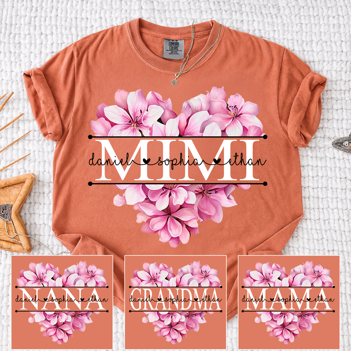 Comfort Colors Pink Floral Heart Design Family Tee, Personalized Mimi Shirt with Custom Names