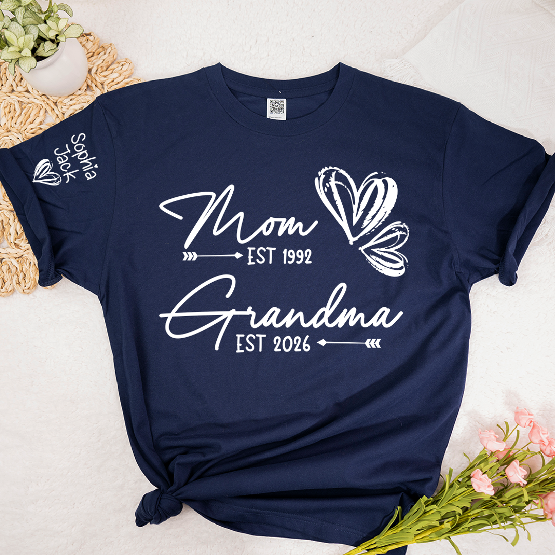 Personalized Heart T-shirt For Mom And Grandma, Founding Year With Name, Family Gift