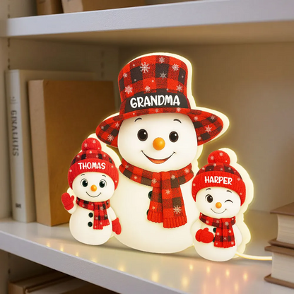 Christmas Checkered Pattern Grandma Grandkids Snowman Together - Personalized Light - Gift For Grandmas Light Box