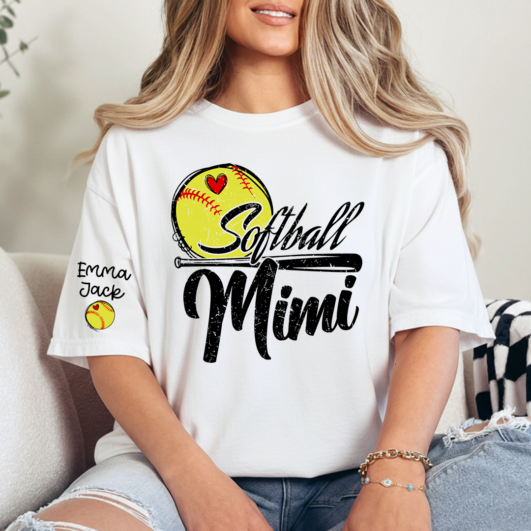 Personalized Mimi Softball Shirt, Heart and Bat Design with Custom Grandkids Names