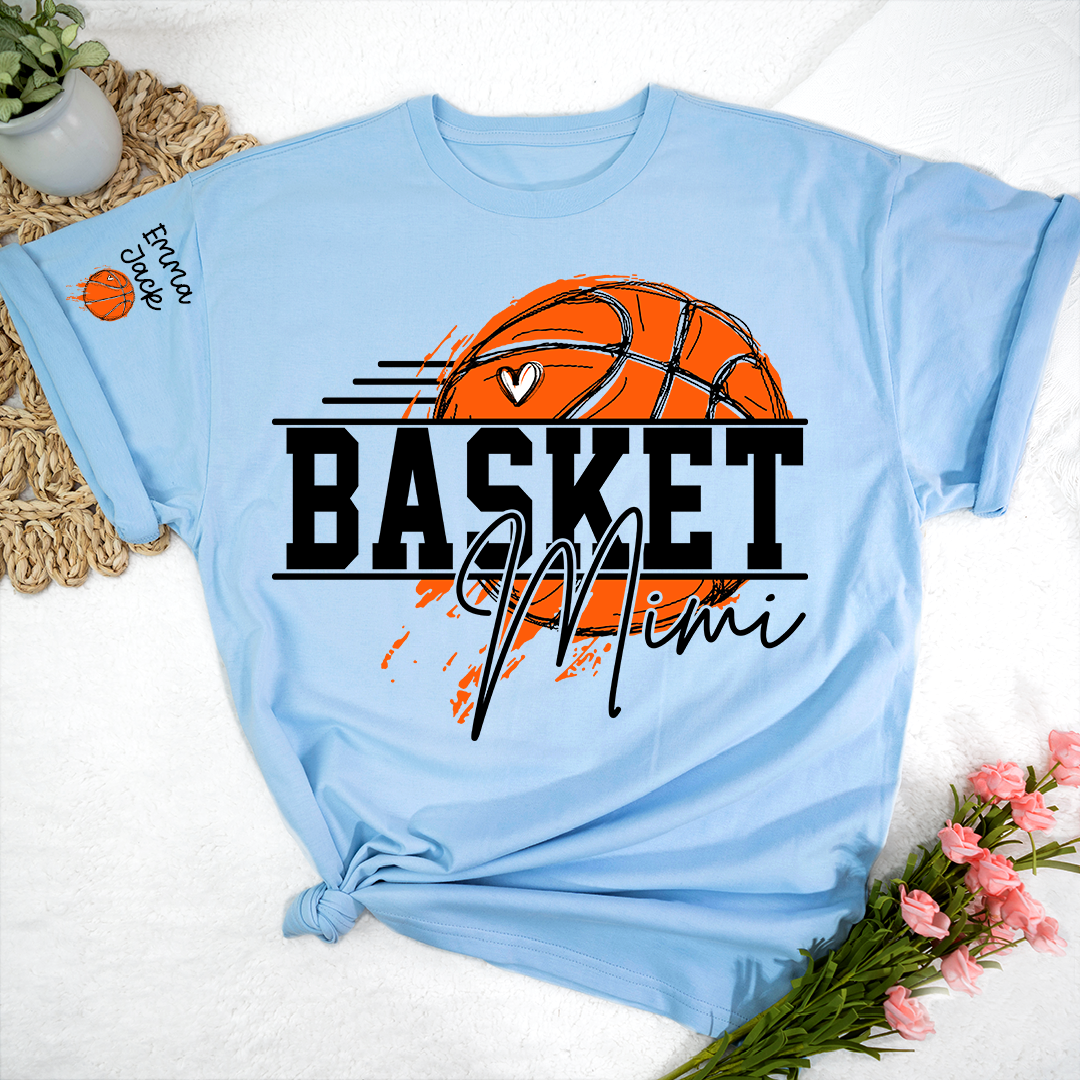 Basketball Mimi Shirt, Custom Grandkids Names with Basketball Hoop Design Family Tee