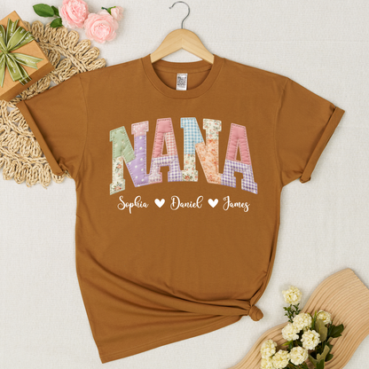 Personalized NANA Shirt – Cute Patchwork Design with Names of Loved Ones, Perfect for Grandmother