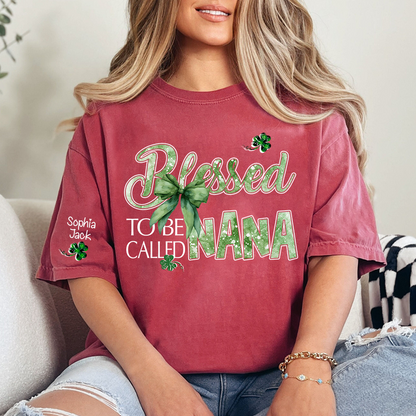 Personalized Nana T-shirt, Blessed to Be Called Nana Patrick's Day Green Clover Bow Design Gift for Grandma
