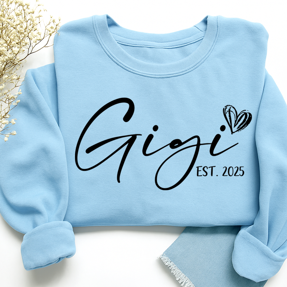 Gigi Est. 2025 Sweatshirt, Personalized Grandma Announcement Tee