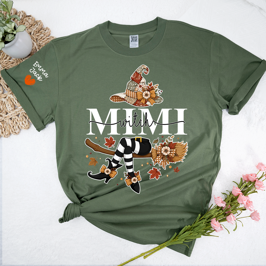 Funny Mimi Witch Shirt, Fall Halloween Grandma Graphic Tee, Personalized Family Names T Shirt, Cozy Autumn Gift for Mimi