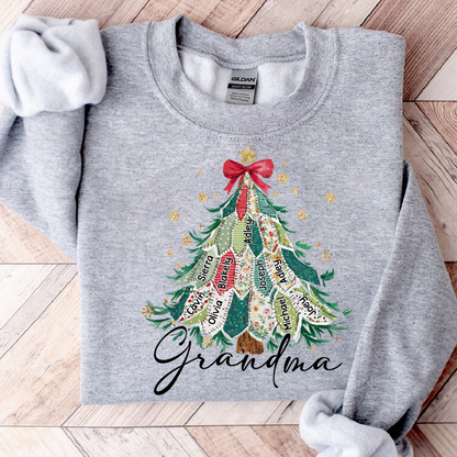 Personalized Grandma Christmas Sweatshirt, Custom Name Tree Ribbon Holiday Shirt