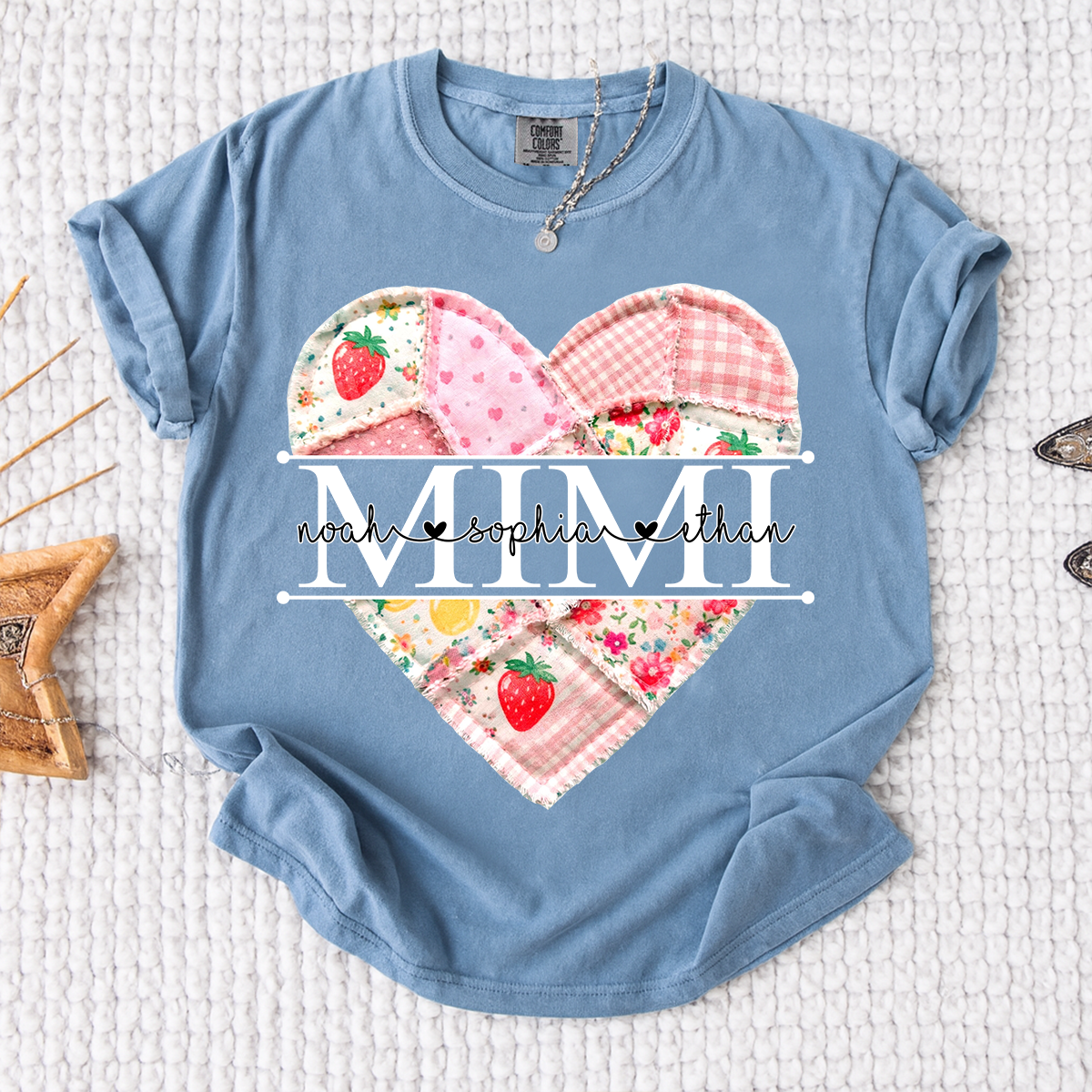 Comfort Colors® Personalized Mimi Heart Patch T-Shirt for Grandma, Custom Family Names Tee