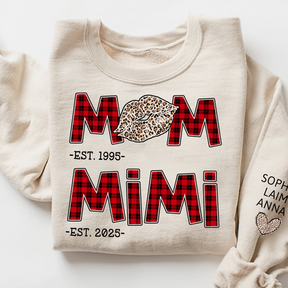 Personalized Mom Mimi Sweatshirt, Custom Leopard Lips Plaid Letters