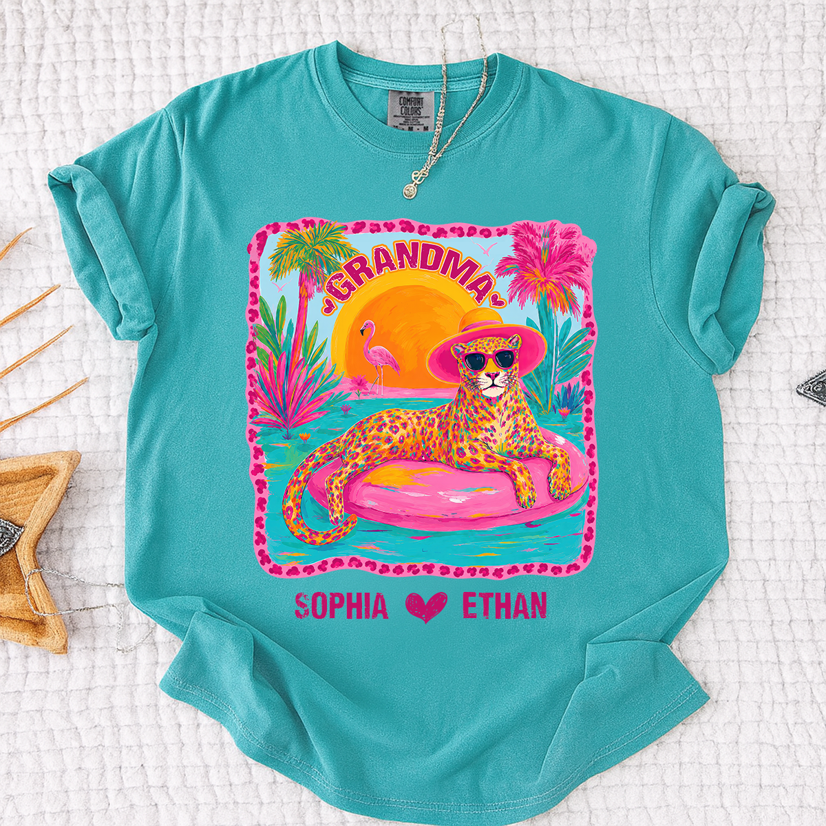 Comfort Colors® Custom Grandma Preppy Summer Gift Shirt, Gift For Grandma And Kids, Girly Beach Tee Retro Leopard Shirt Design Cute Summer Colorful Summe