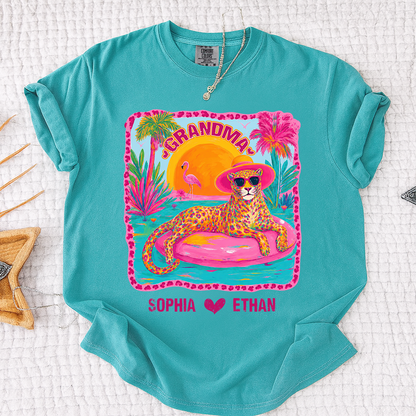 Comfort Colors® Custom Grandma Preppy Summer Gift Shirt, Gift For Grandma And Kids, Girly Beach Tee Retro Leopard Shirt Design Cute Summer Colorful Summe