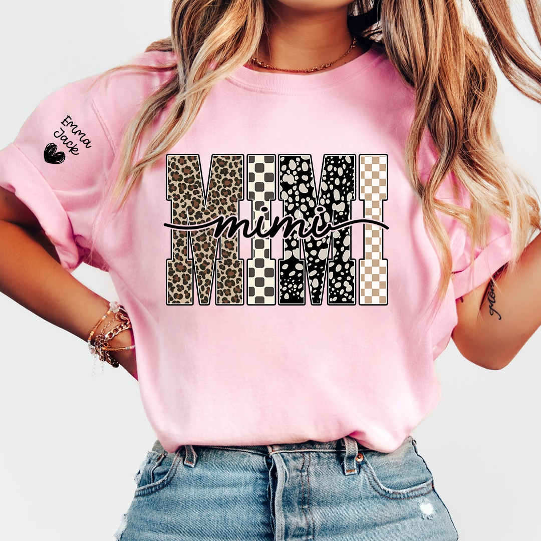 Personalized Mimi Shirt with Grandkids Names, Leopard and Checkered Pattern Family Tee