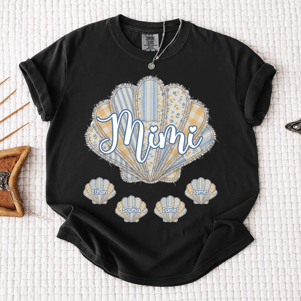 Comfort Colors Personalized Mimi Shirt with Grandkids Names, Custom Seashell Patchwork Graphic Tee, Beach Grandma Summer Family Shirt