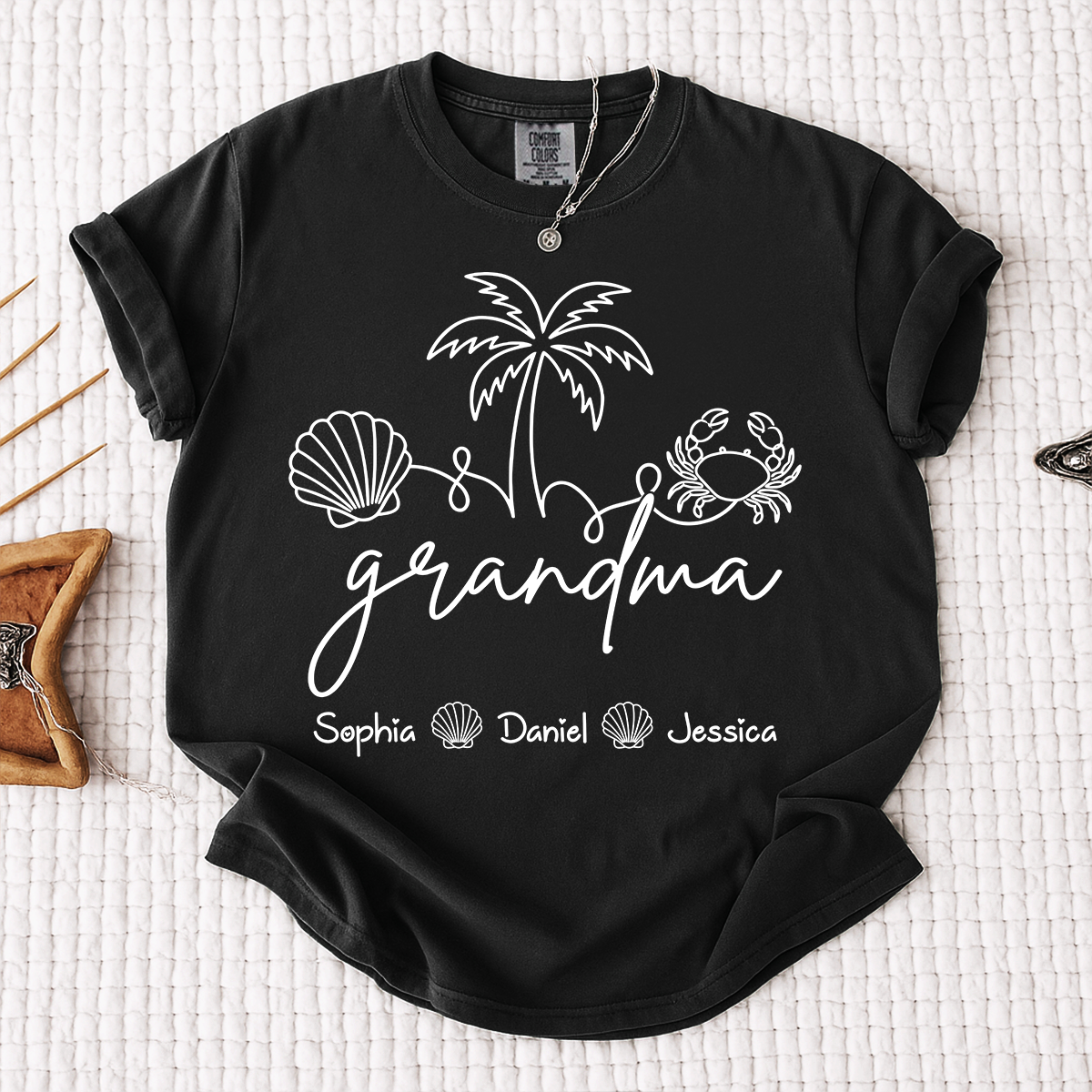 Comfort Colors Personalized Grandma Shirt with Grandkids Names, Custom Beach Line Art Tee, Palm Tree Shell Crab Family T-Shirt