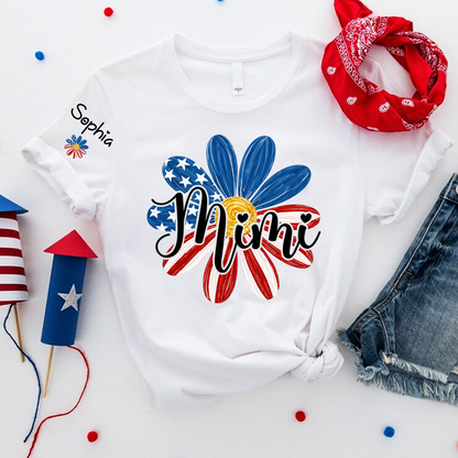 Custom Mimi T Shirt with Kids Names Floral Daisy American Flag Design Personalized Family Gift for Mimi 4th of July