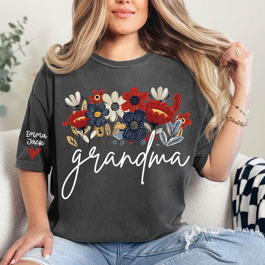 Personalized Grandma Floral Shirt with Custom Grandkids Names, Colorful Flower Design