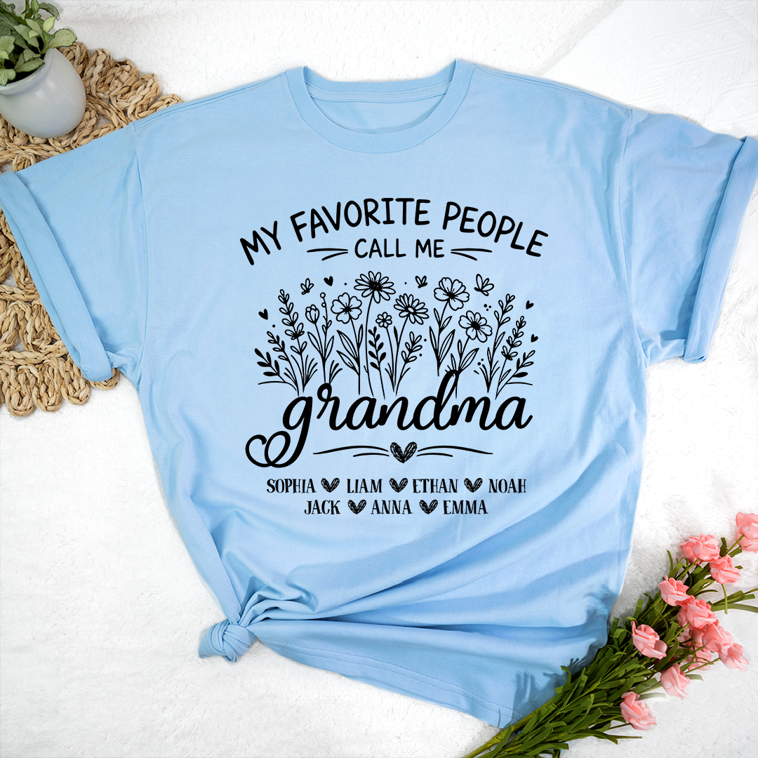 Personalized Grandma T-Shirt, My Favorite People Call Me Grandma Floral Design with Names